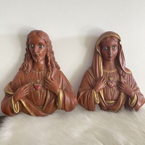Vintage Jesus Mary Chalkware Hand Painted Wall Hangings Art Brown Tones Catholic